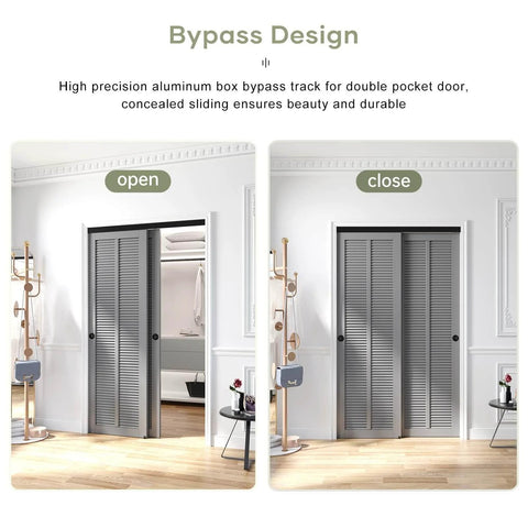Open and closed view of Bypass Double Sliding Pocket Door Hardware Kit For 4 Ft By 48 Inch Track in black finish for modern homes.