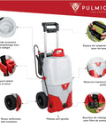 Illustration of Heavy Duty 35L Electric Sprayer On Wheels With 5M Telescopic Wand, 18V Battery, showing detailed features and specs.