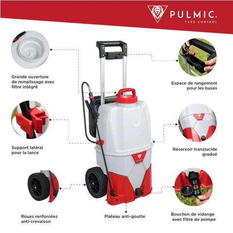 Illustration of Heavy Duty 35L Electric Sprayer On Wheels With 5M Telescopic Wand, 18V Battery, showing detailed features and specs.