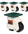 Heavy Duty Furniture Casters With Telescopic Leveling Wheels, Solid Aluminum Brackets And Slick Nylon Swivel Gliders For Quick Adjustable Machinery Rolling And No Sweat Load Moving, Set Of Four in a close-up view.
