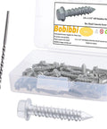 Straight Up Heavy Duty 1/4 X 1 1/4 Inch 410 Stainless Steel Hex Head Concrete Tapcon Screws For Masonry Brick Anchors 50 Piece Kit With Bonus Drill Bit in a clear box.
