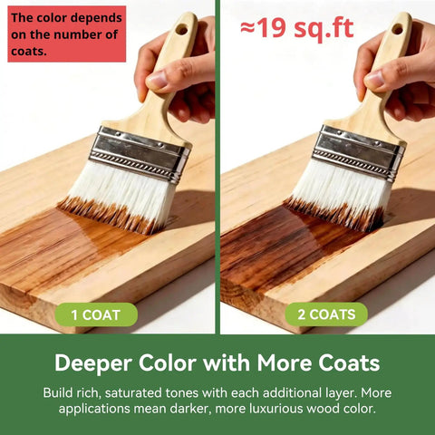 Water Based Wood Stain And Sealer In One Classic Walnut Finish 8.8 Oz Jar shown with brush on wood showing 1 and 2 coats.
