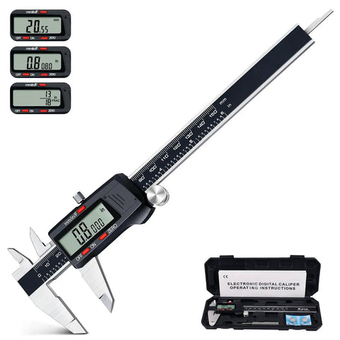 Digital Vernier Caliper With Stainless Steel Body, 0 To 6 Inch, 0 To 150 mm Range, Large LCD Screen, Case Shown