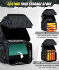 45L Fishing Backpack With Rod Holders And Rain Cover showing storage compartments and movable divider for large tackle box.
