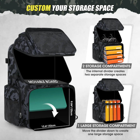 45L Fishing Backpack With Rod Holders And Rain Cover showing storage compartments and movable divider for large tackle box.