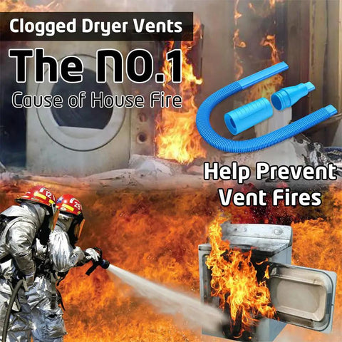 Firefighters extinguishing fire caused by clogged dryer vent with Universal Vacuum Hose Attachment For Dryer Vent Cleaning Kit Fits All Vacuums Blue Deep Reach For Behind Appliances And Narrow Spaces No Fuss Easy Home Cleaning Accessory visible above.
