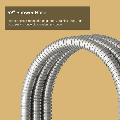 Close-up of 59 inch stainless steel hose in Beefy Brass 2 In 1 Function Handheld Shower Head Set With High Pressure 7 Inch Shower Head.
