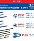 Blue Concrete Screw Kit With 240 Piece Set For Concrete Masonry Wood And Brick Includes Flat Head And Hex Head Screws In Sizes Three Sixteenths By One And One Quarter Inch, Three Sixteenths By One And Three Quarters Inch, And One Quarter By One And One, showing hex and flat head screws and bits.