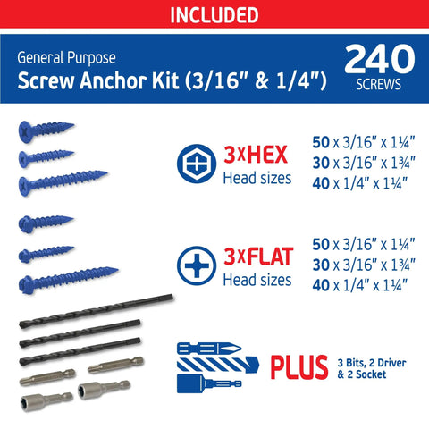 Blue Concrete Screw Kit With 240 Piece Set For Concrete Masonry Wood And Brick Includes Flat Head And Hex Head Screws In Sizes Three Sixteenths By One And One Quarter Inch, Three Sixteenths By One And Three Quarters Inch, And One Quarter By One And One, showing hex and flat head screws and bits.