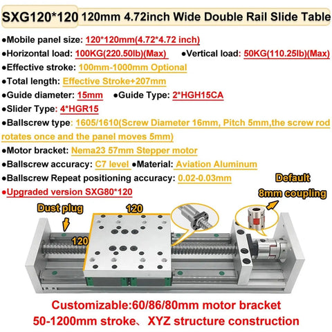 Heavy Duty Aluminum Motorized Linear Stage Featuring Smooth Ball Screw Sliding Table Built Tough For Two Fifty Kilogram Loads And Tight Six Hundred Millimeter Stroke For Zero Flex Motion Control, showing 120mm wide double rail slide table with specifications.