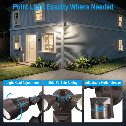 Three Color Temp LED Security Light With Motion Sensor For Outdoor Use mounted on house wall, adjustable heads showcased.