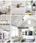 Collage of lighting fixtures including chandeliers, ceiling fans, and lanterns in various home interiors.