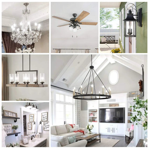 Collage of lighting fixtures including chandeliers, ceiling fans, and lanterns in various home interiors.