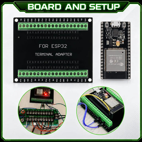 Sweet ESP32 Breakout Terminal Adapter 38 Pin 5 Pack Circuit Boards with secure green screw terminals and robust FR4 design.