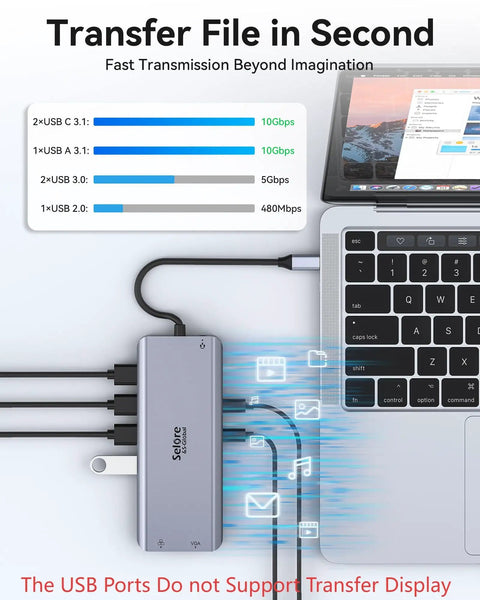 Image showing Triple Display USB C Docking Station For Laptops And Windows connected to a laptop with multiple data lines illustrating fast data transfer.