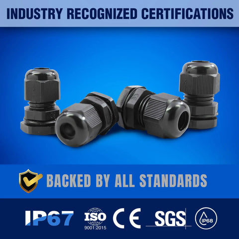 Tough as Nails PG Cable Glands Kit With KableLock Tech For PG7 To PG19 Black Nylon Cord Grip Strain Relief IP68 Waterproof