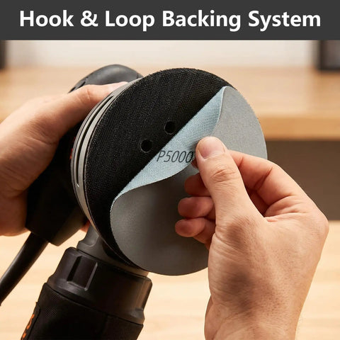 Get Ready To Polish Like A Pro With This Awesome 50 Piece 5 Inch Hook Loop Sanding Disc Kit Featuring 1000 To 5000 Grit Silicon Carbide Wet Dry Sandpaper For Smooth And Shiny Auto Body Work Results - Hook and loop backing system close-up.