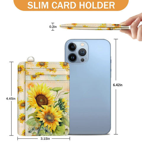 Sunflower RFID Card Holder Slim Wallet For Women Front Pocket Card Case With ID Window Dope PU Leather Organizer Travel Friendly Tiny Card Holder Cute Gift Idea For Girls next to phone for size comparison