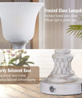 Close-up of frosted glass shade and sturdy base showing the Set Of 2 Rustic Resin Glass Shade Table Lamps For Bedroom And Living Room 3 Way Dimmable Touch Bedside Lamps Washed White Finish To Give Your Space A Cozy Farmhouse Vibe.
