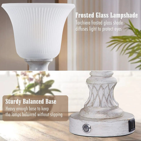 Close-up of frosted glass shade and sturdy base showing the Set Of 2 Rustic Resin Glass Shade Table Lamps For Bedroom And Living Room 3 Way Dimmable Touch Bedside Lamps Washed White Finish To Give Your Space A Cozy Farmhouse Vibe.