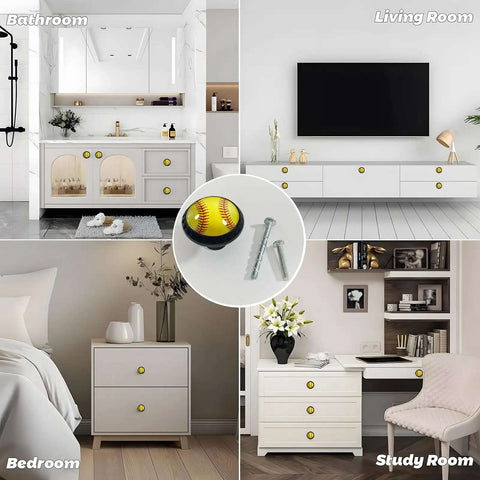 Straight Fire Softball Cabinet Knobs Four Pack Featuring Bright Yellow Leather Texture With Classic Red Stitching Hardware showcased in various room settings.