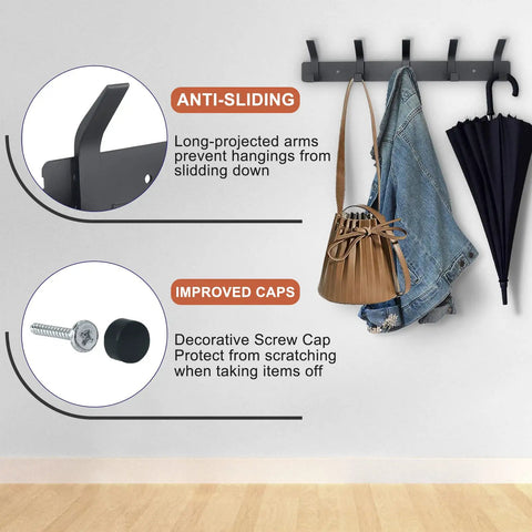 Heavy Duty Wall Mount Coat Rack With Five Hooks Per Unit Sturdy Metal Rail For Coats Hats Towels Purses Robes Black 2 Pack Double Hook Backplate Easy Hang Ideal Entryway Organizer installed with hanging items and features highlighted.
