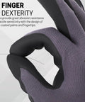 Close-up of Micro Foam Nitrile Coated Work Gloves with Seamless Knit Nylon showing finger dexterity for heavy duty grip.