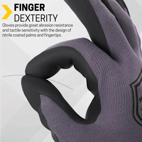 Close-up of Grippy Micro Foam Nitrile Coated Work Gloves, showing finger dexterity and tactile design for extra large size.