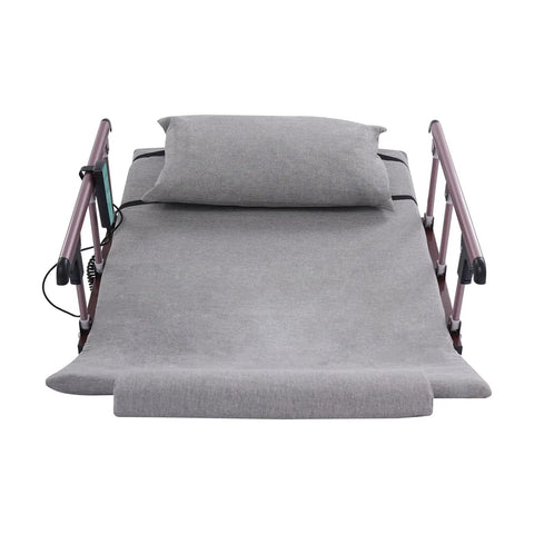 Heavy Duty Electric Lifting Backrest For Bed With 2-80° Power Adjustment And Massive 661 Lb Capacity featuring soft gray fabric and built-in pillow.