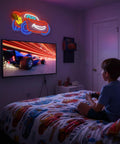 Racing Car Neon Sign Wall Decor With Dynamic LED Glow for boys' bedrooms; vibrant anime-themed neon light above TV