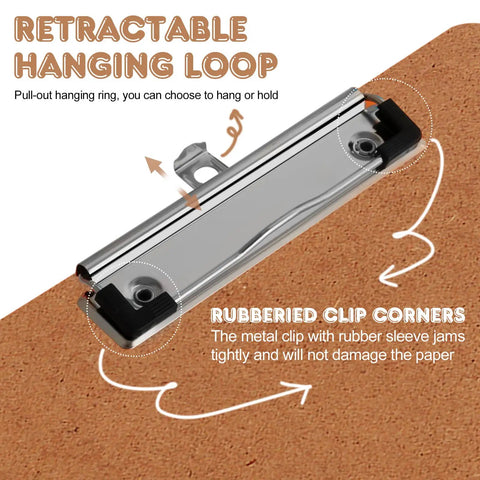 Six Pack Hardboard Clipboards For Letter Size 8.5 By 11 Inches, Low Profile Clipboards, metal clip with retractable hanging loop