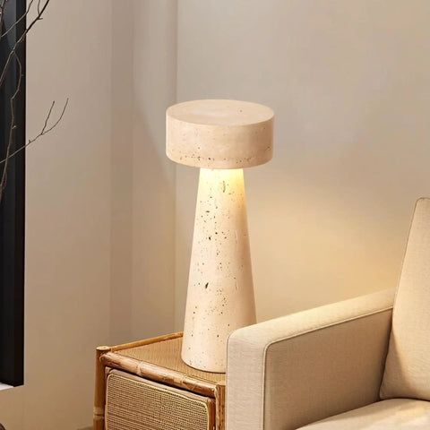 Travertine Stone Table Lamp With Warm White LED, Japanese Wabi Sabi Mushroom Nightstand Light on side table in living room