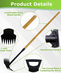 60 Inch Wooden Handle 2 In 1 Weed Uprooting Tool With 7 Tooth Garden Hoe showing details of wood handle, tines, and blade.