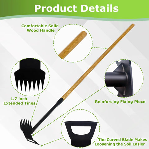 60 Inch Wooden Handle 2 In 1 Weed Uprooting Tool With 7 Tooth Garden Hoe showing details of wood handle, tines, and blade.