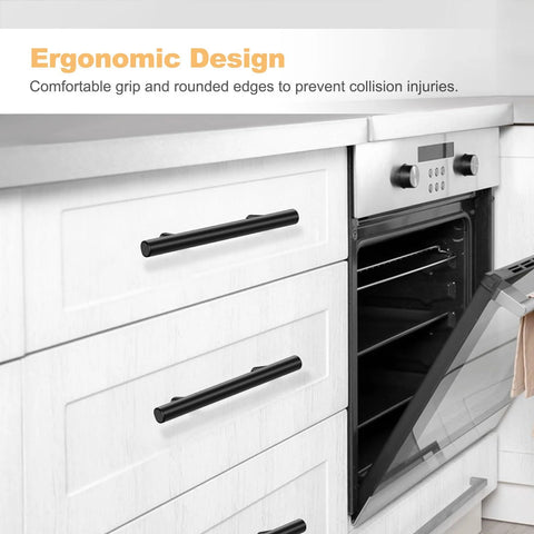 30 Pack 5 Inch Cabinet Handles Matte Black Stainless Steel Drawer Pulls for Kitchen Cabinets with 3 Inch Hole Centers installed on white kitchen cabinets.