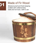 Brown Fir Wood Grain Rice Dispenser With Lid, Heavy Duty Sealed Pantry Storage Jar For Bulk Grains Soybeans Sugar And Coffee with rice inside.