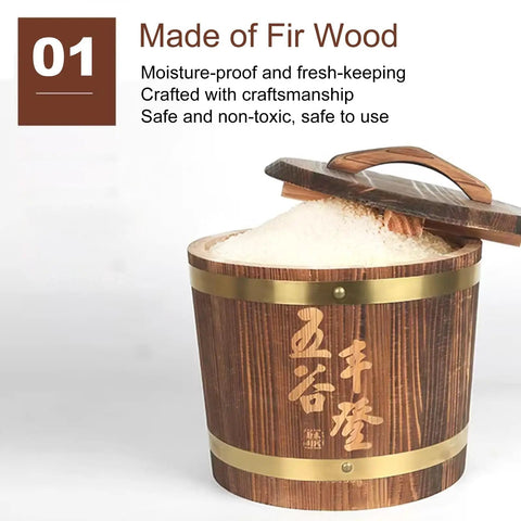 Brown Fir Wood Grain Rice Dispenser With Lid, Heavy Duty Sealed Pantry Storage Jar For Bulk Grains Soybeans Sugar And Coffee with rice inside.