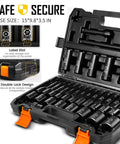 Forty Five Piece One Half Inch Drive Metric Socket Set With Deep And Shallow Sockets Nine Through Thirty Two Millimeters Extensions Three Five Ten Inches Universal Joint And Three Eighths To One Half Inch Adapter Portable Case For Auto Repair inside black case