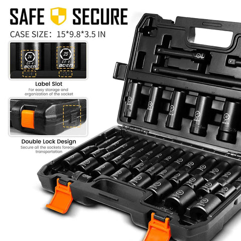 Forty Five Piece One Half Inch Drive Metric Socket Set With Deep And Shallow Sockets Nine Through Thirty Two Millimeters Extensions Three Five Ten Inches Universal Joint And Three Eighths To One Half Inch Adapter Portable Case For Auto Repair inside black case