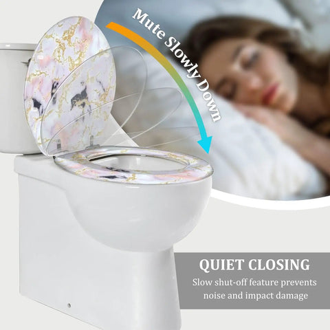 Elongated Resin Toilet Seat for Bathroom in marble finish with quiet closing feature installed on a toilet.