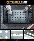Top view of foldable welding table portable 17 by 20 inches weld tabletop with perforated plate and slot measurements visible