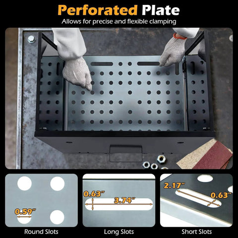 Top view of foldable welding table portable 17 by 20 inches weld tabletop with perforated plate and slot measurements visible