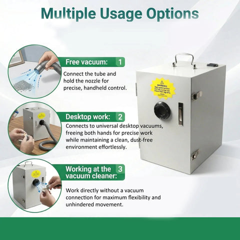 Killer 500W Industrial Benchtop Dust Collector And Lab Vacuum Extraction Unit For Fine Particle Removal Including Gypsum Resin And Metallic Debris With Hella Strong Suction Power multiple usage options displayed