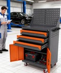 Tool Chest On Wheels Built For Garage And Workshop Beefy Heavy Duty Metal Box Cabinet With Drawers Liners And Locking System Rust Resistant Thickened Cold Rolled Steel Protective Liners Guard Your Gear, open in auto shop