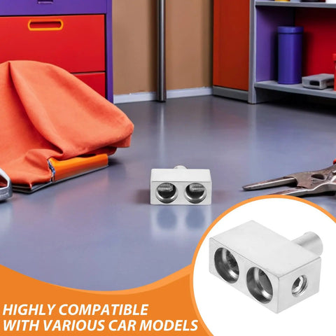 2 Pcs Premium Sonic Badass Car Audio Wire Reducer Dual Amp Input Adapter Aluminum Alloy on a surface with tools nearby.