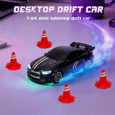 Mini RC Drift Car One Sixty Fourth Scale with LED Lights and Dual Speed Modes on desktop with four obstacle cones
