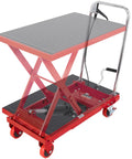 Heavy Duty Hydraulic Lift Table Cart 500 Lb Portable Scissor Platform With Pump for lifting up to 28 inches, red with casters.