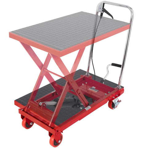 Heavy Duty Hydraulic Lift Table Cart 500 Lb Portable Scissor Platform With Pump for lifting up to 28 inches, red with casters.
