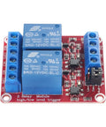 Two Channel 12V Relay Module with Optocoupler Isolated Trigger on red circuit board, high or low level control for Arduino projects.