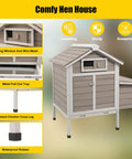 32 Inch Wooden Chicken Coop Outdoor For 1 To 3 Chickens With Pull Out Tray and Ramp, slatted roof, shown in grey with features highlighted